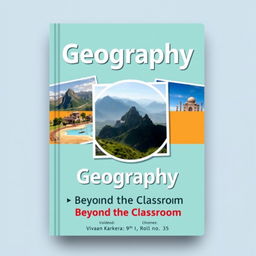 A visually appealing book cover design for a geography project featuring two or three stunning photographs related to tourism and geography, such as beautiful landscapes of mountains, beaches, and famous historical landmarks