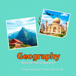 A visually appealing book cover design for a geography project featuring two or three stunning photographs related to tourism and geography, such as beautiful landscapes of mountains, beaches, and famous historical landmarks