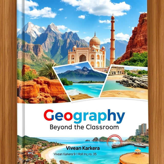 A visually appealing book cover design for a geography project featuring two or three stunning photographs related to tourism and geography, such as beautiful landscapes of mountains, beaches, and famous historical landmarks