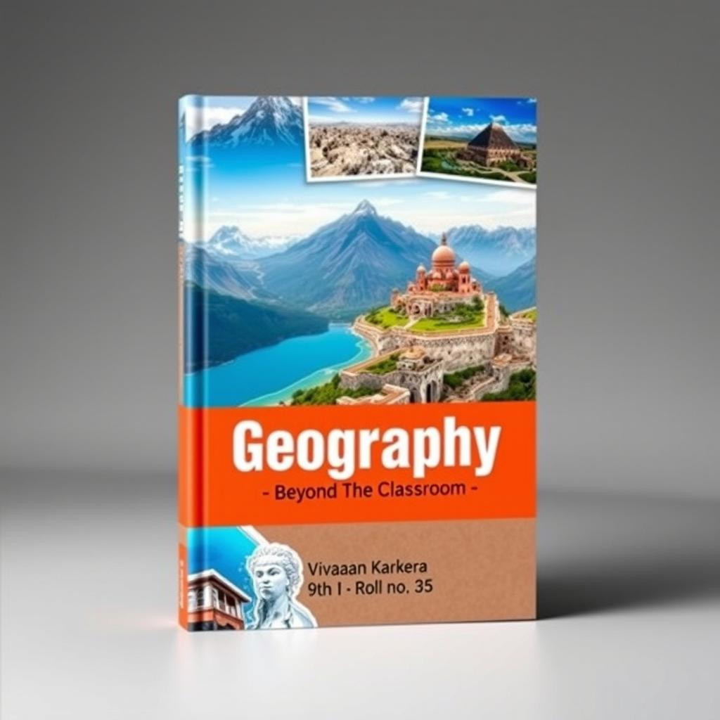 A visually captivating book cover design for a geography project featuring two or three stunning photographs that represent tourism and geography, showcasing iconic destinations like mountains, beaches, or cultural landmarks