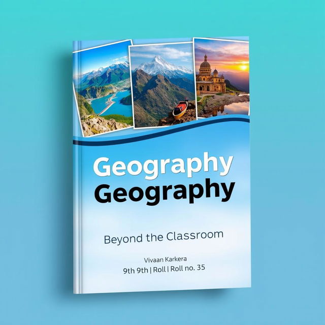 A visually captivating book cover design for a geography project featuring two or three stunning photographs that represent tourism and geography, showcasing iconic destinations like mountains, beaches, or cultural landmarks