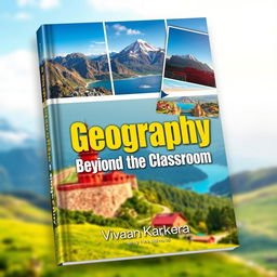 A visually captivating book cover design for a geography project featuring two or three stunning photographs that represent tourism and geography, showcasing iconic destinations like mountains, beaches, or cultural landmarks