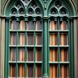 A stunning gothic-style window featuring intricate details, painted in a rich green color