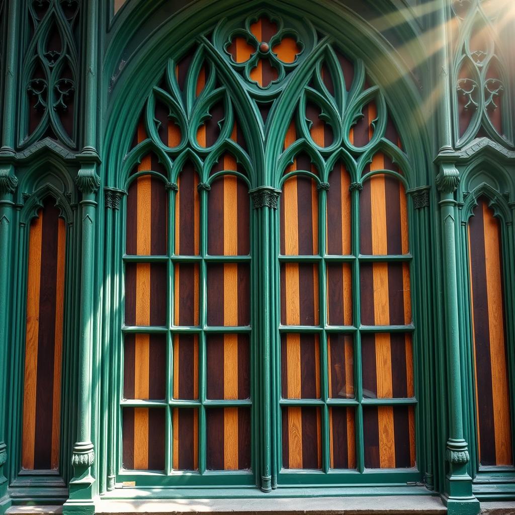 A stunning gothic-style window featuring intricate details, painted in a rich green color