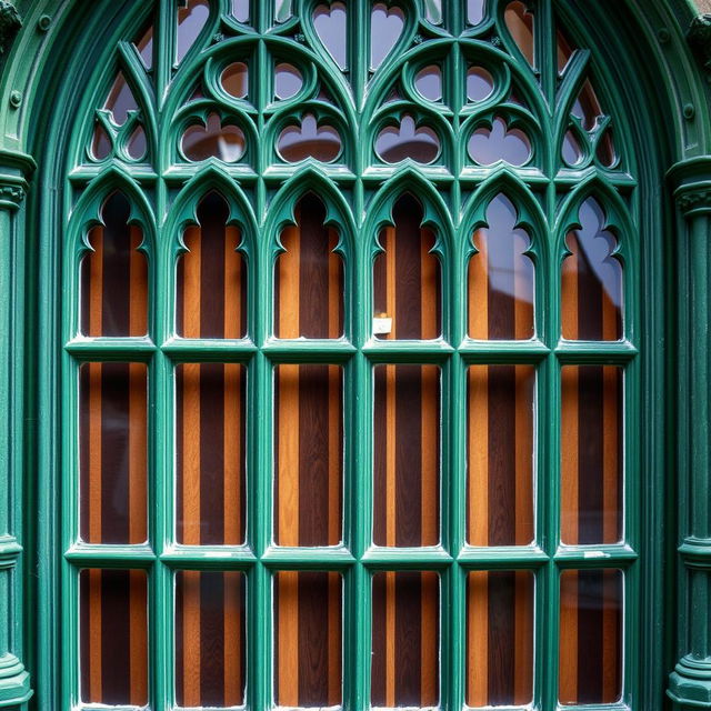 A stunning gothic-style window featuring intricate details, painted in a rich green color