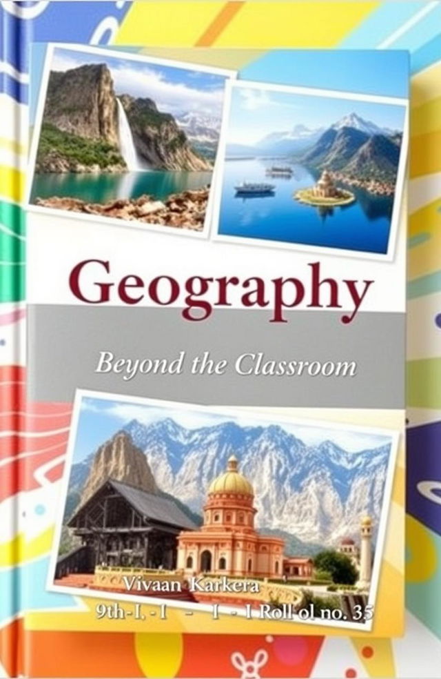 A visually appealing book cover for a geography project featuring a collage of two or three stunning photographs representing tourism and geography, showcasing famous landscapes and cultural landmarks