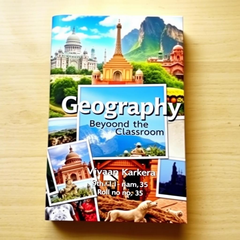 A creative book cover for a geography project, featuring a collage of two or three captivating photographs that represent tourism and geography, such as iconic landmarks, natural landscapes, and cultural scenes