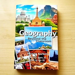 A creative book cover for a geography project, featuring a collage of two or three captivating photographs that represent tourism and geography, such as iconic landmarks, natural landscapes, and cultural scenes