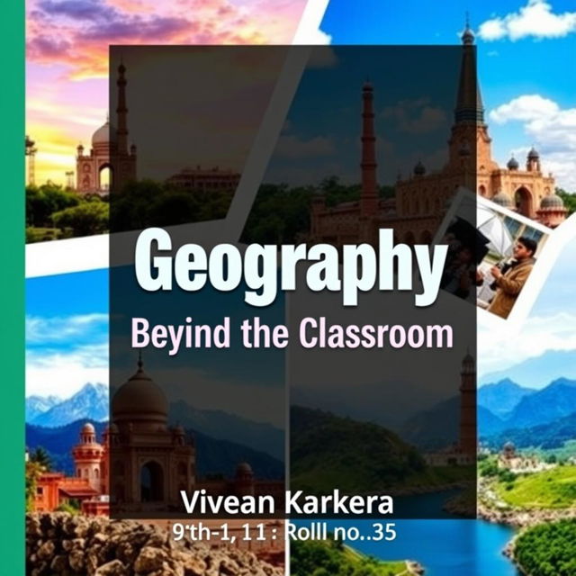 A creative book cover for a geography project, featuring a collage of two or three captivating photographs that represent tourism and geography, such as iconic landmarks, natural landscapes, and cultural scenes