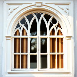 A beautiful gothic-style window featuring a single arch design, elegantly constructed in a crisp white color