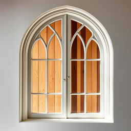 A beautiful gothic-style window featuring a single arch design, elegantly constructed in a crisp white color