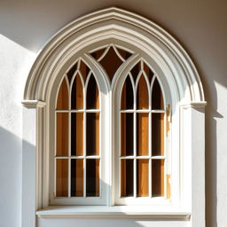 A beautiful gothic-style window featuring a single arch design, elegantly constructed in a crisp white color