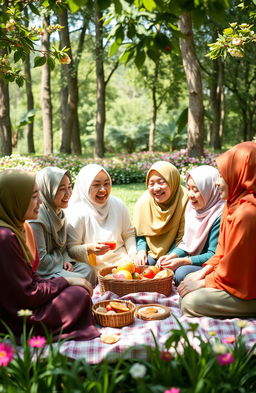 A joyful scene of nine Muslim girls wearing colorful hijabs, sitting together in a lush green garden, enjoying a picnic