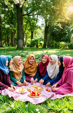 A joyful scene of nine Muslim girls wearing colorful hijabs, sitting together in a lush green garden, enjoying a picnic