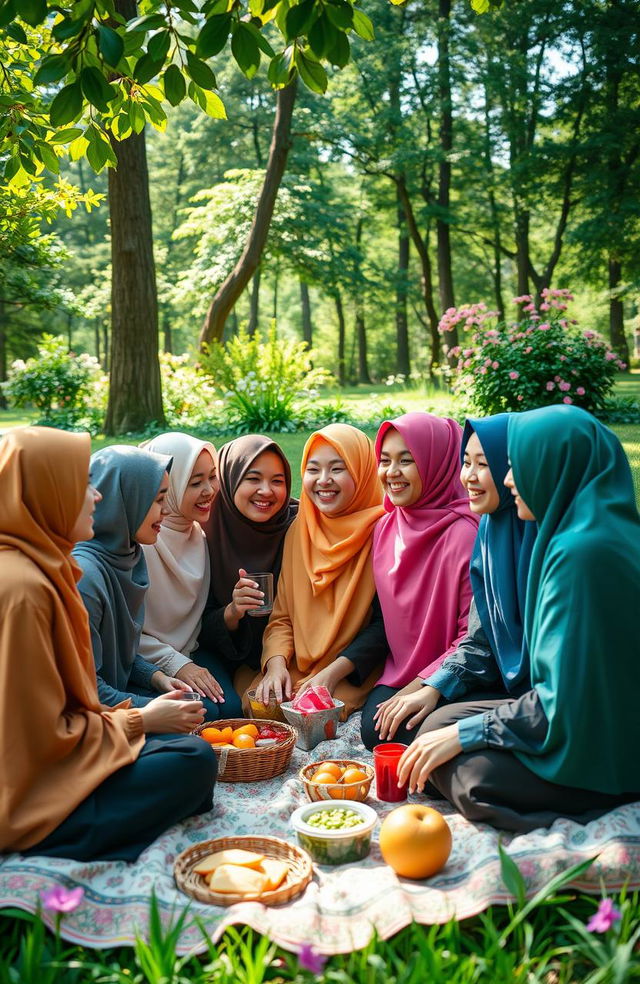 A joyful scene of nine Muslim girls wearing colorful hijabs, sitting together in a lush green garden, enjoying a picnic