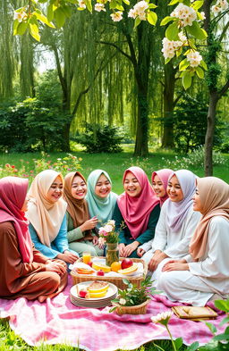 A joyful scene of nine Muslim girls wearing colorful hijabs, sitting together in a lush green garden, enjoying a picnic