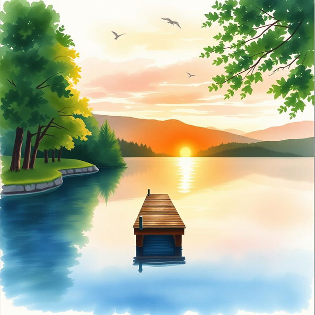 A watercolor painting depicting a serene lakeside scene, perfect for a book cover