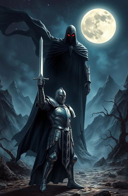 A heroic knight clad in shining armor, standing valiantly against a towering and ominous figure representing the king of darkness, who has a flowing black cloak and glowing red eyes