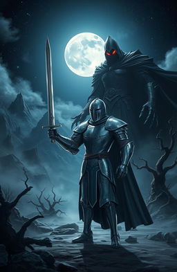 A heroic knight clad in shining armor, standing valiantly against a towering and ominous figure representing the king of darkness, who has a flowing black cloak and glowing red eyes