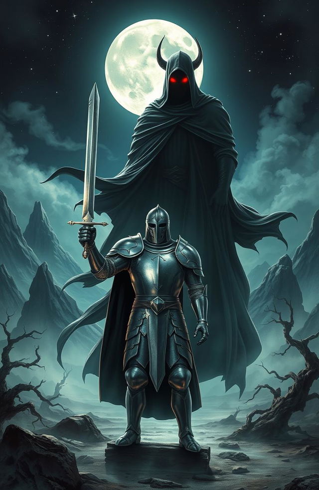 A heroic knight clad in shining armor, standing valiantly against a towering and ominous figure representing the king of darkness, who has a flowing black cloak and glowing red eyes