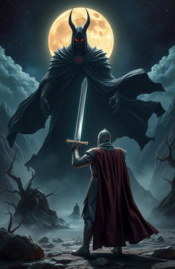 A heroic knight clad in shining armor, standing valiantly against a towering and ominous figure representing the king of darkness, who has a flowing black cloak and glowing red eyes