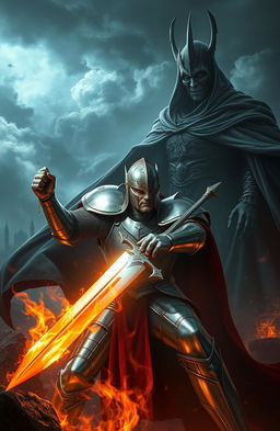 A heroic knight clad in shining armor, brandishing a gleaming sword, poised for an epic battle against a malevolent king shrouded in dark, flowing robes