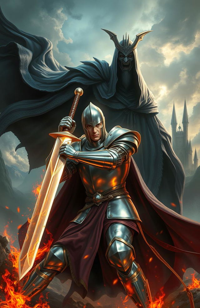 A heroic knight clad in shining armor, brandishing a gleaming sword, poised for an epic battle against a malevolent king shrouded in dark, flowing robes