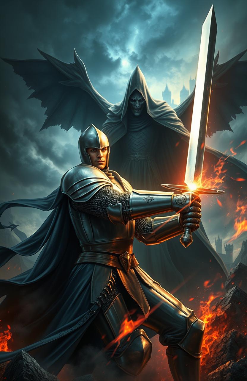 A heroic knight clad in shining armor, brandishing a gleaming sword, poised for an epic battle against a malevolent king shrouded in dark, flowing robes