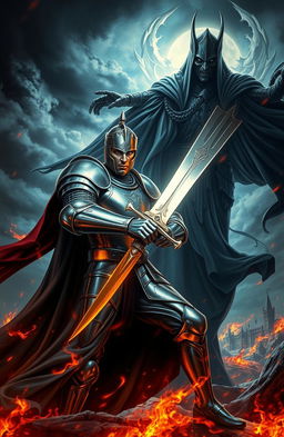 A heroic knight clad in shining armor, brandishing a gleaming sword, poised for an epic battle against a malevolent king shrouded in dark, flowing robes