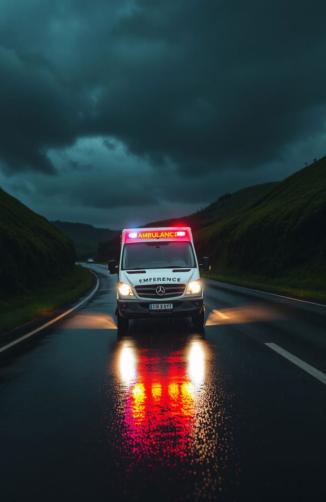 An ambulance speeding down a wet road at night, illuminated by headlights reflecting off the rain-soaked asphalt