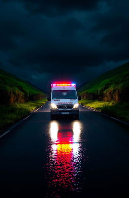 An ambulance speeding down a wet road at night, illuminated by headlights reflecting off the rain-soaked asphalt