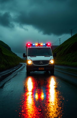 An ambulance speeding down a wet road at night, illuminated by headlights reflecting off the rain-soaked asphalt