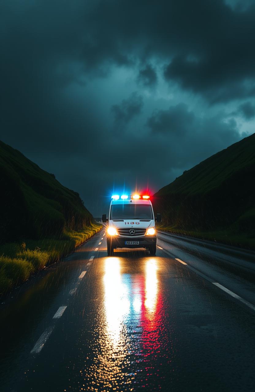 An ambulance speeding down a wet road at night, illuminated by headlights reflecting off the rain-soaked asphalt