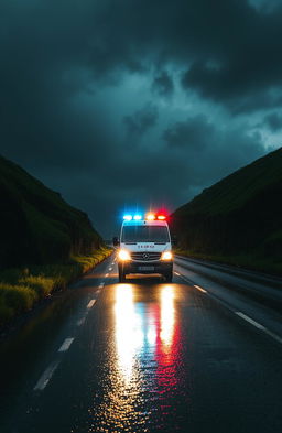 An ambulance speeding down a wet road at night, illuminated by headlights reflecting off the rain-soaked asphalt