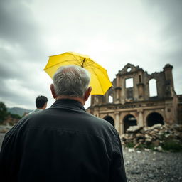 An old man viewed from the back, gazing somberly at the ruins of the Ashaz restaurant, which was destroyed in the Bam earthquake