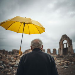 An old man viewed from the back, gazing somberly at the ruins of the Ashaz restaurant, which was destroyed in the Bam earthquake