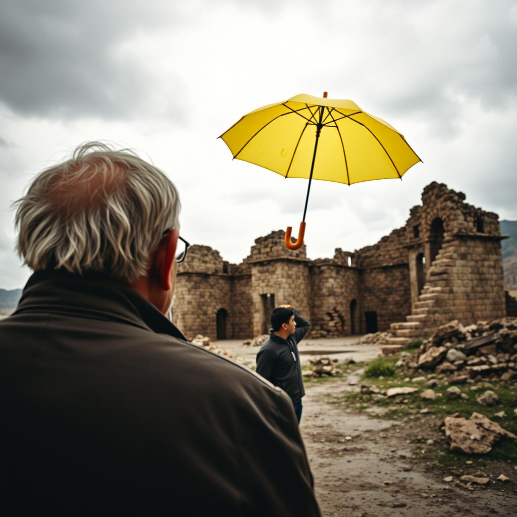 An old man viewed from the back, gazing somberly at the ruins of the Ashaz restaurant, which was destroyed in the Bam earthquake