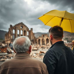 An old man viewed from the back, gazing somberly at the ruins of the Ashaz restaurant, which was destroyed in the Bam earthquake
