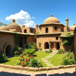 An artistic representation of traditional early Iranian houses, showcasing intricate architectural details, earthen walls, and domed roofs