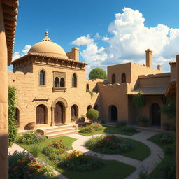 An artistic representation of traditional early Iranian houses, showcasing intricate architectural details, earthen walls, and domed roofs