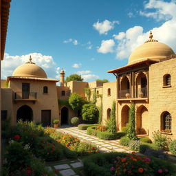 An artistic representation of traditional early Iranian houses, showcasing intricate architectural details, earthen walls, and domed roofs