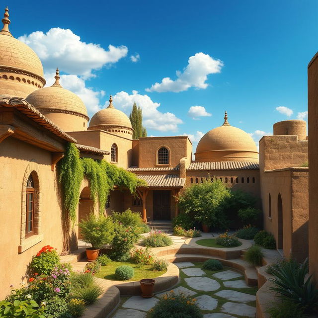 An artistic representation of traditional early Iranian houses, showcasing intricate architectural details, earthen walls, and domed roofs