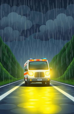 A cartoon-style image of an ambulance driving on a wet road during nighttime, with rain pouring down