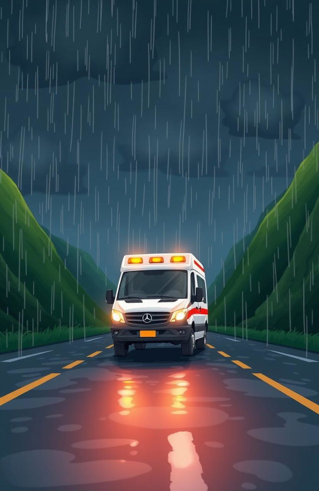 A cartoon-style image of an ambulance driving on a wet road during nighttime, with rain pouring down