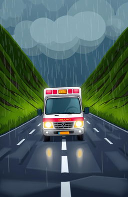A cartoon-style image of an ambulance driving on a wet road during nighttime, with rain pouring down