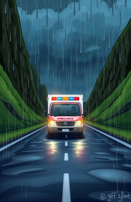 A cartoon-style image of an ambulance driving on a wet road during nighttime, with rain pouring down