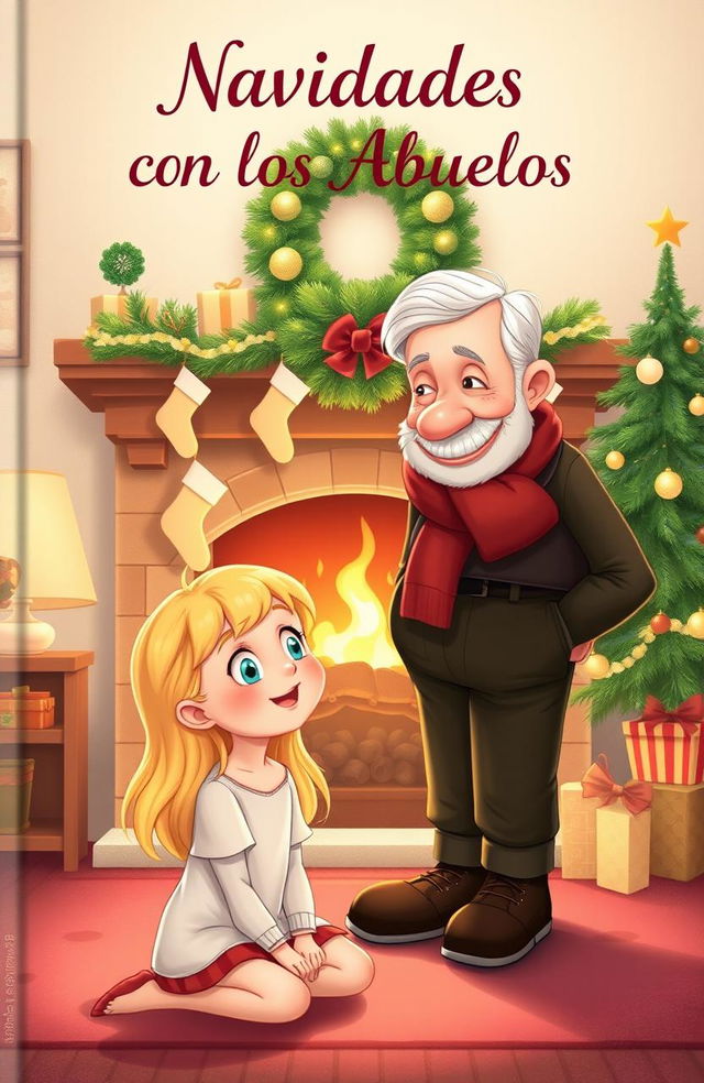 A heartwarming Christmas cover illustration featuring a cozy living room scene