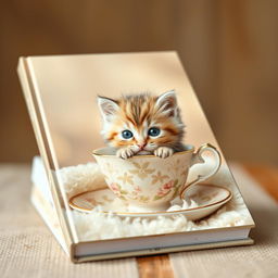 A charming and delightful book cover design featuring a raw photograph of an adorable kitten nestling inside a delicate teacup