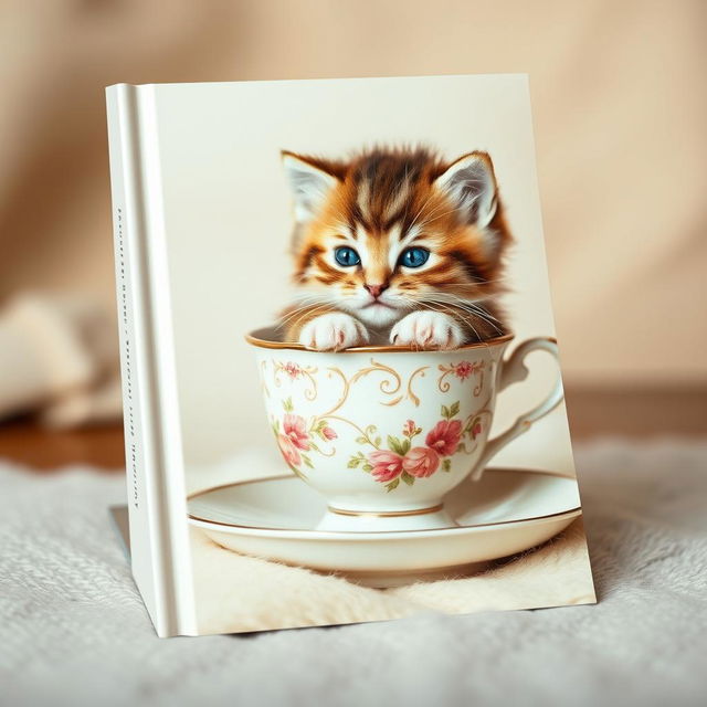 A charming and delightful book cover design featuring a raw photograph of an adorable kitten nestling inside a delicate teacup