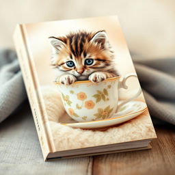 A charming and delightful book cover design featuring a raw photograph of an adorable kitten nestling inside a delicate teacup